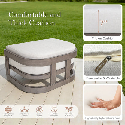 Wooden ottoman with a thick cushion on a wooden deck, surrounded by grass.