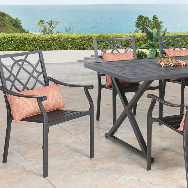 Patio Stacking Metal Dining Arm Chairs with Steel Slat Seat, Set of 2