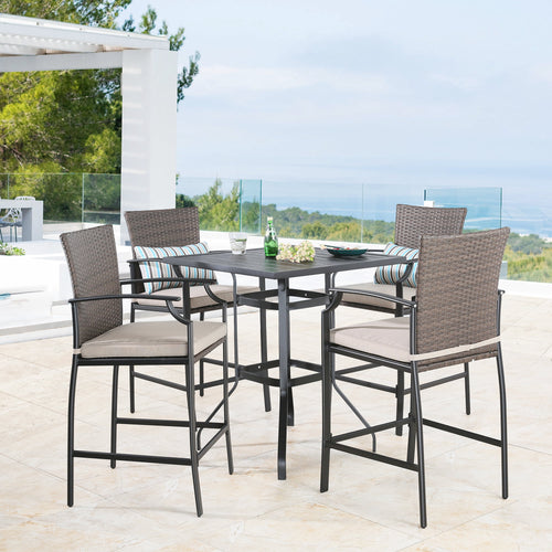 Patio Metal Bar Stools Outdoor Woven Wicker Height Bistro Chairs with Beige Seat Cushions