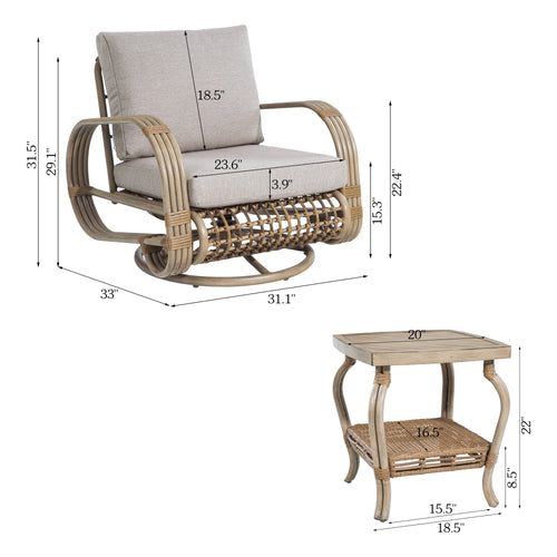 PEAKHOME-Arsterie 3 Pieces Aluminum Patio Swivel Conversation Set with Wicker Decoration