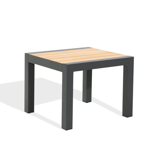 Patio Rectangular Aluminum Side Table With Teak Wood Tabletop
