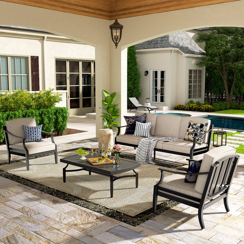 Tamarin 4 Pieces Aluminum Patio Conversation Seating Group With Sunbrella Cushions And Coffee Table For 5 Person