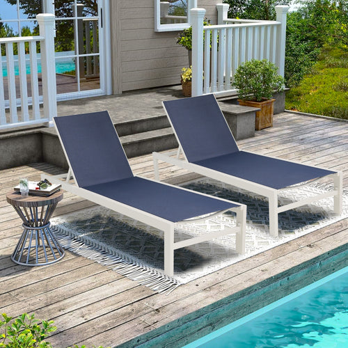 2 Pieces Outdoor Aluminum Chaise Lounge Chairs Patio Sling Sun Lounger Set Recliner with Wheels