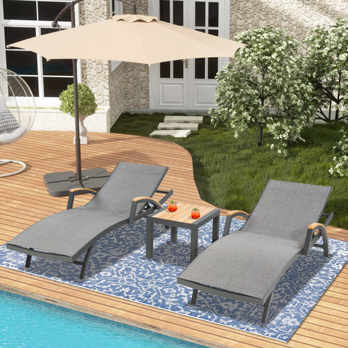 Chambray Patio Aluminum Armrest Chaise Lounge Chairs With Phifertex Sling Fabric And Teak Top Side Table