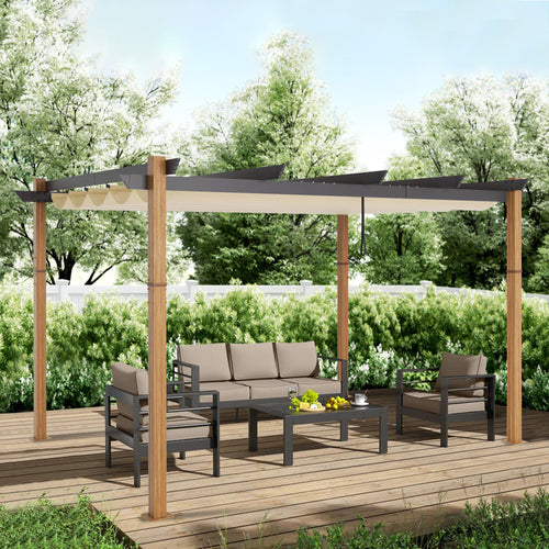 10Ft x 13Ft Patio Aluminum Retractable Pergola with UV-Proof Canopy, Natural Wood Grain