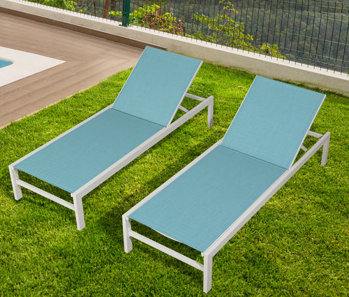 2 Pieces Outdoor Aluminum Chaise Lounge Chairs Patio Sling Sun Lounger Set Recliner with Wheels