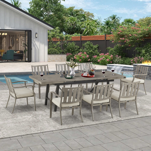 Azur Patio 8 Person Automatic Extendable Aluminum Dining Set With Sunbrella Cushions