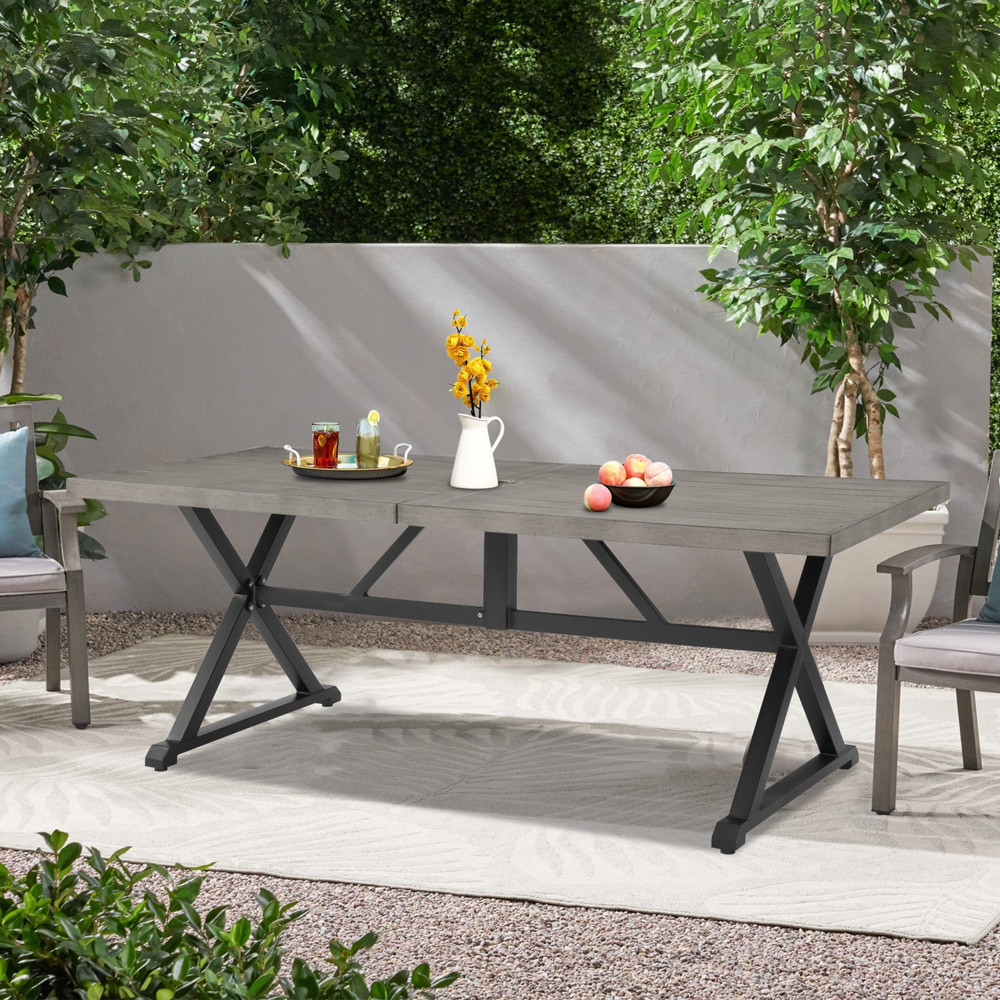 82.5” Outdoor Aluminum Rectangular Dining Table with 1.69” Umbrella Hole for 6 Person