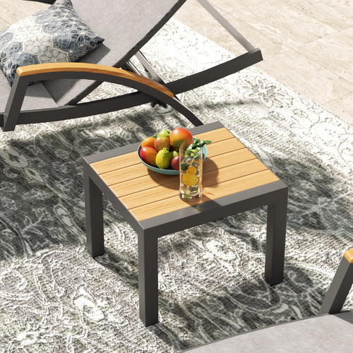 Chambray Patio Aluminum Armrest Chaise Lounge Chairs With Phifertex®  Sling Fabric And Teak Top Side Table