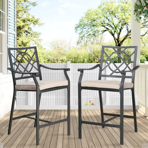 2 Pieces Patio Bar Stools Outdoor Metal Bar Height Bistro Chairs with Beige Seat and Back Cushions