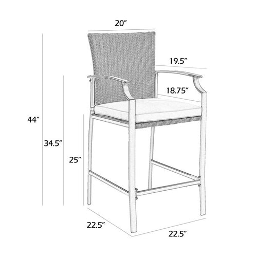 Patio Metal Bar Stools Outdoor Woven Wicker Height Bistro Chairs with Beige Seat Cushions