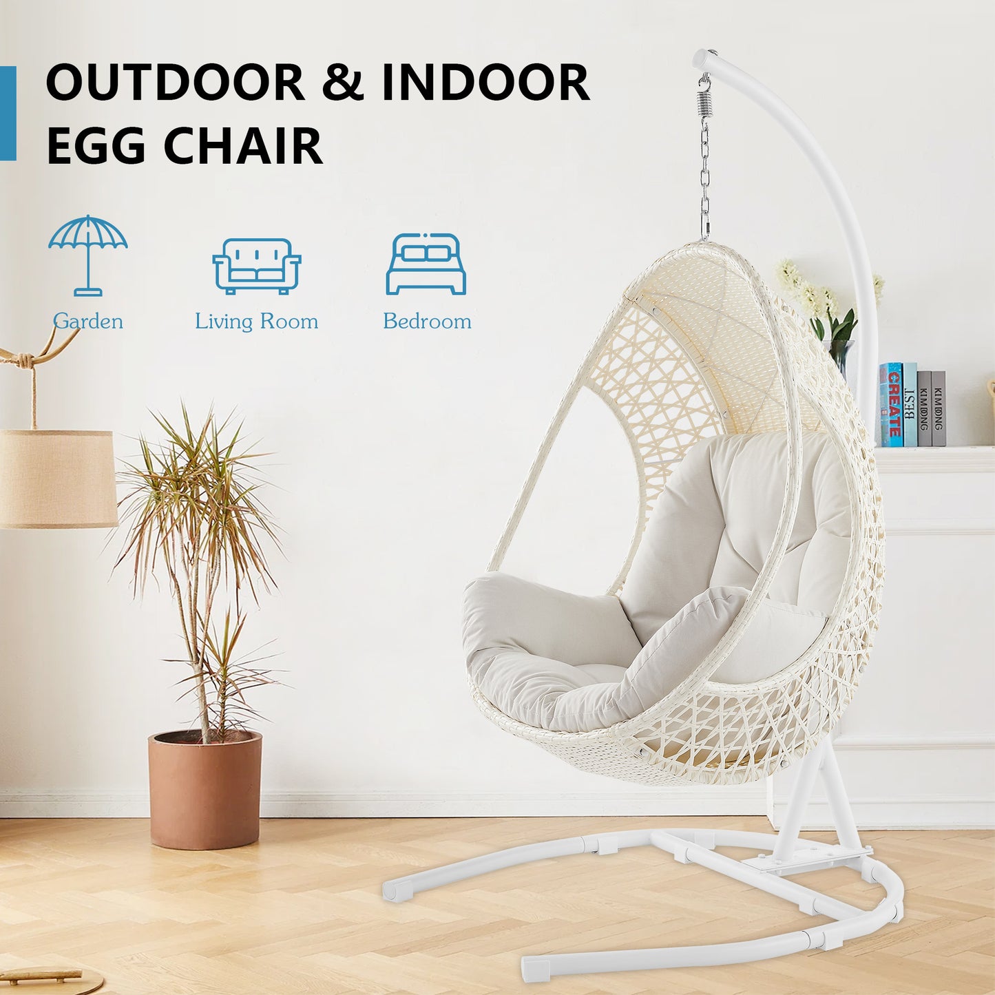 Patio Metal Egg Chair Wicker Hang Swing Chair with Cushion and Stand