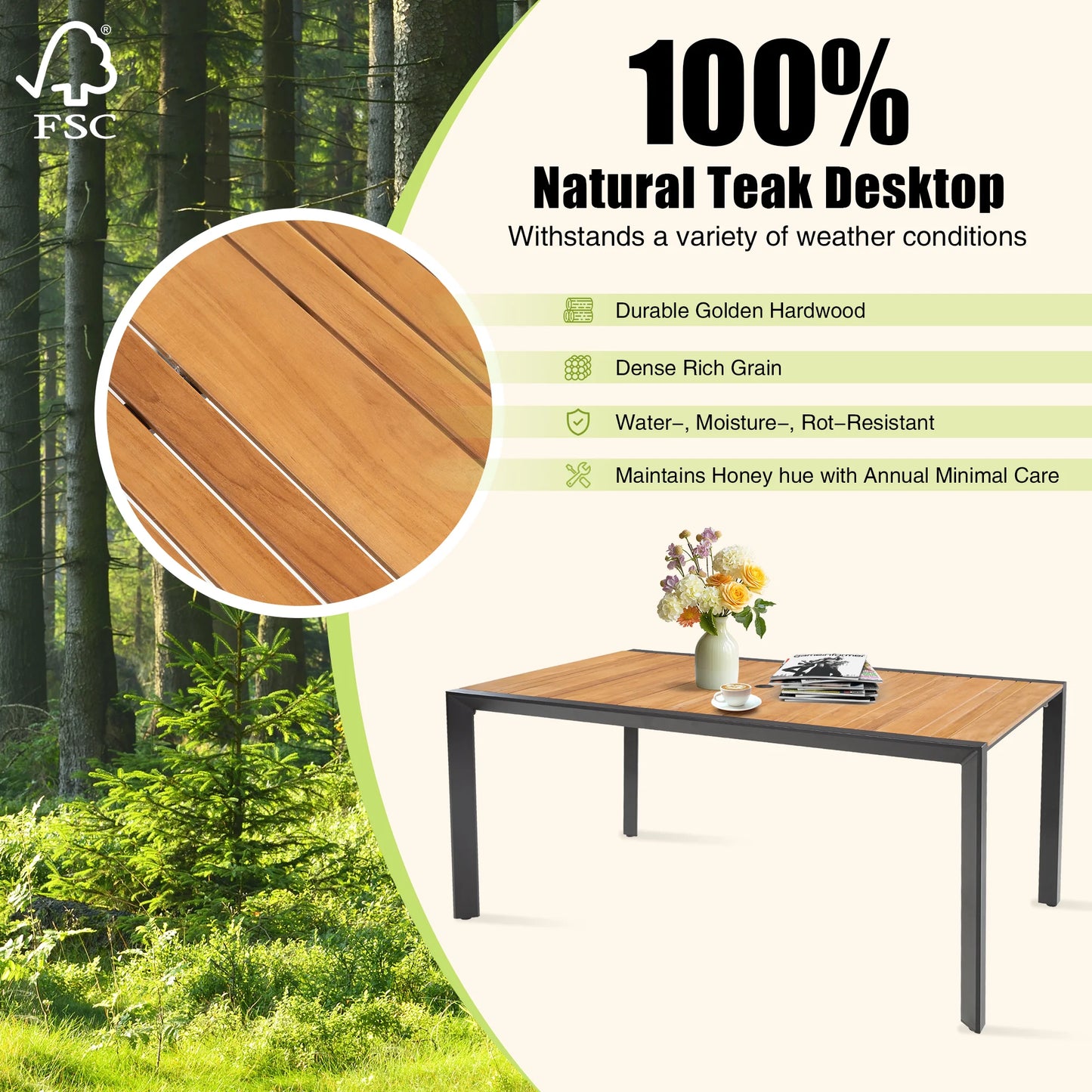 Nuova Patio Rectangular Aluminum / Teak Wood Dining Table
