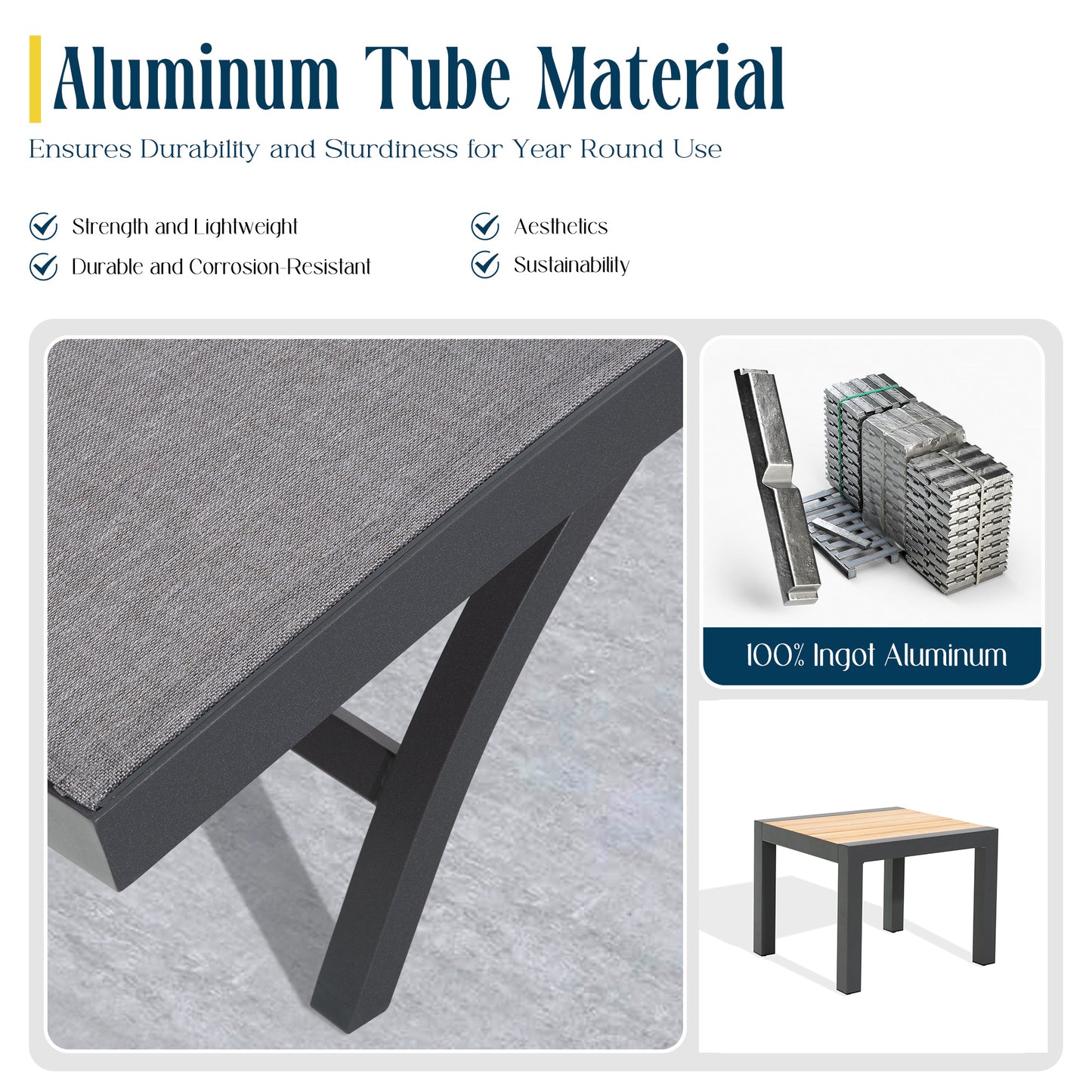 Chambray Patio Armrest Chaise Lounge Set With Phifertex®  Sling Fabric And Teak Top Side Table