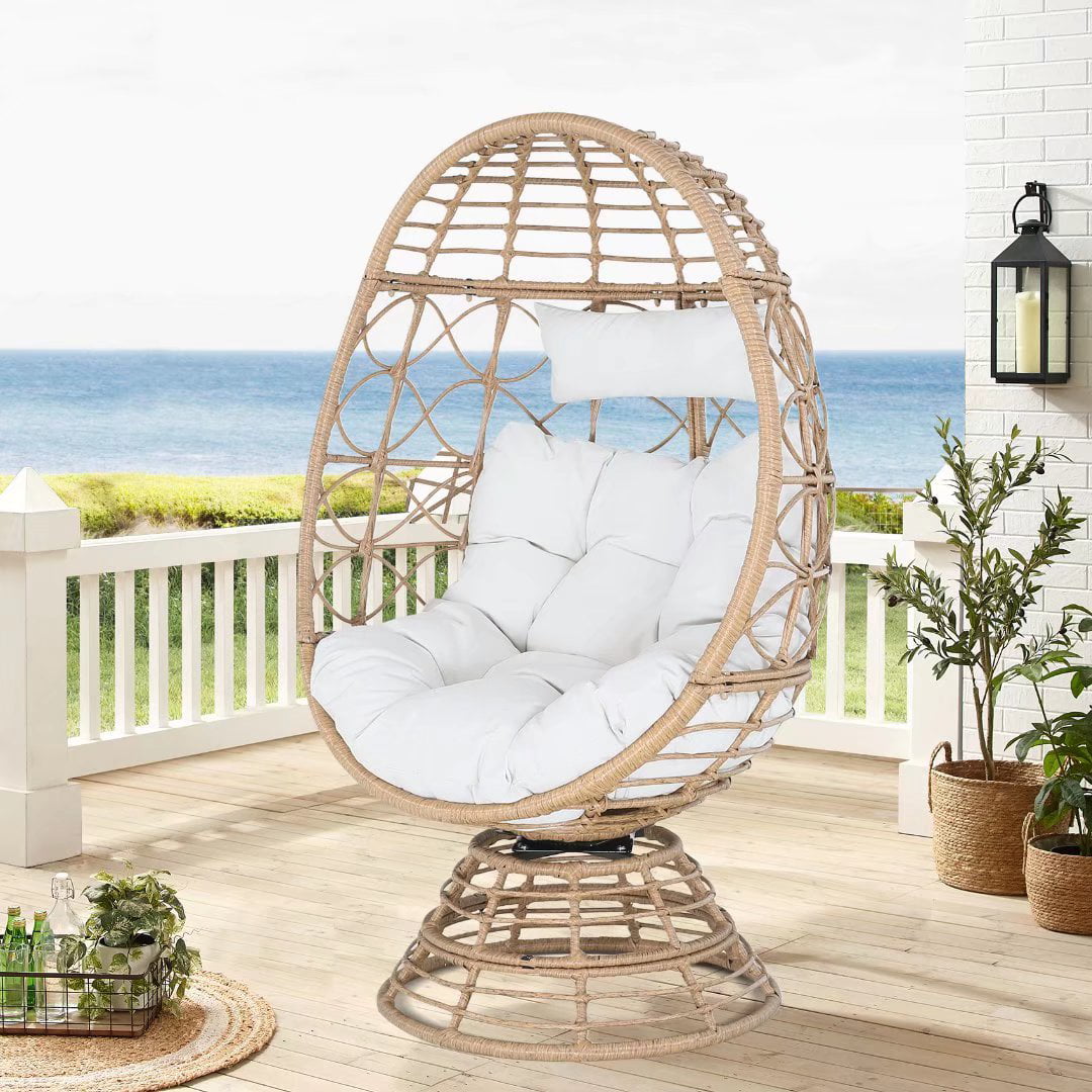 Outdoor All-weather Rattan Swivel Egg Chair Indoor Wicker Lounger with Cushions for Patio, Backyard, Living Room, Off-White