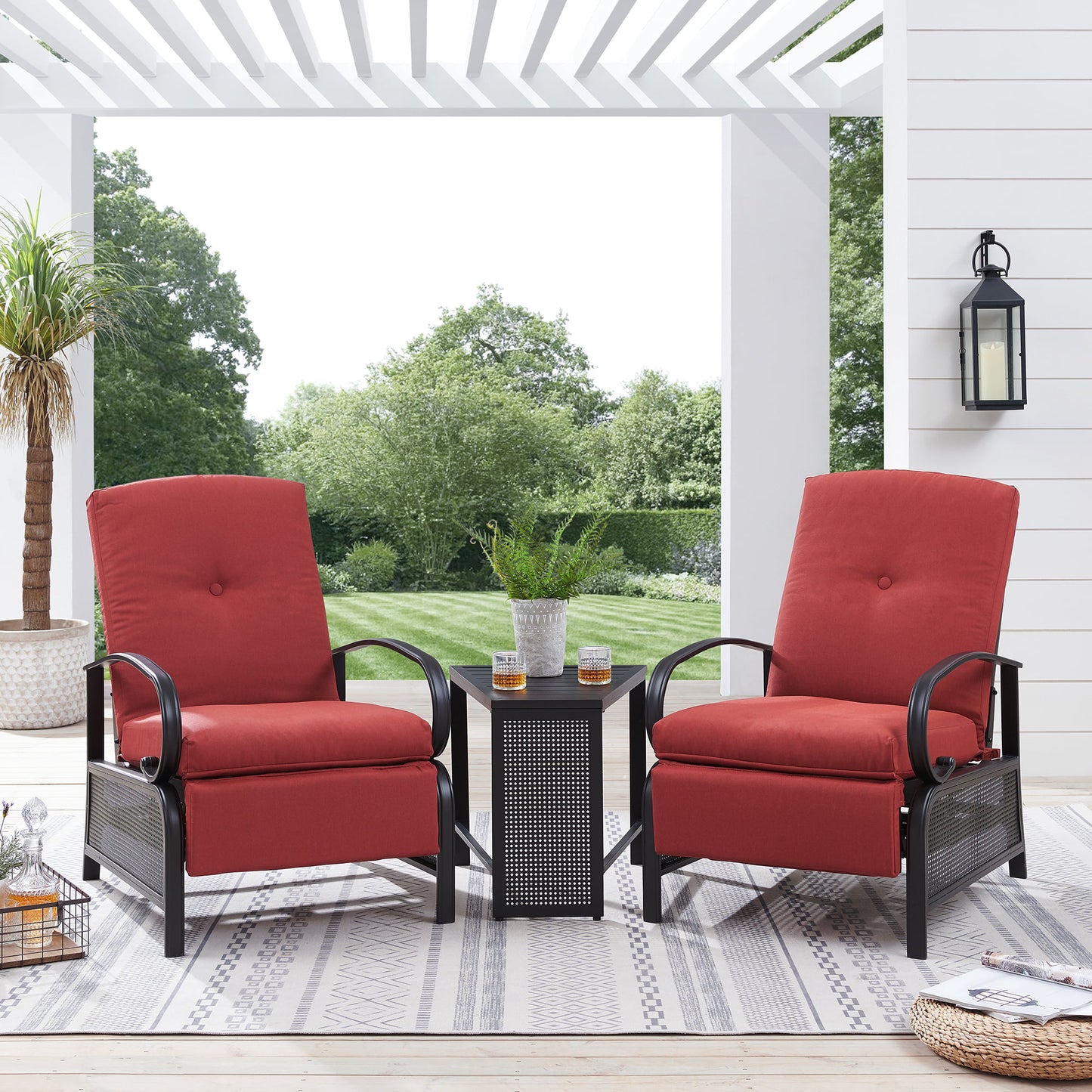 Patio Recliner Chair Automatic Adjustable Back Outdoor Lounge Recliner Chair with 100% Olefin Cushion (Red)