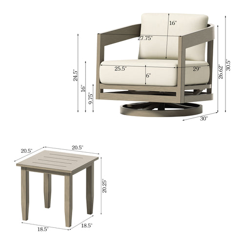 PEAKHOME Harmonti Patio 3-Piece Aluminum Swivel Conversation Set With Side Table