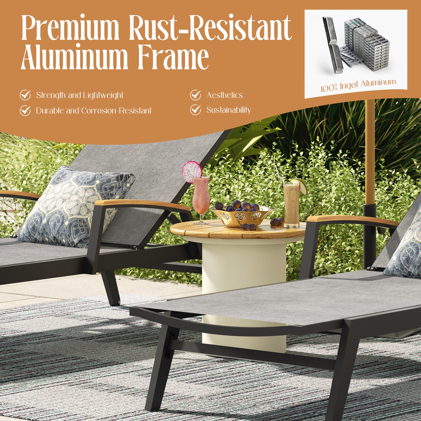 PEAKHOME-Canyon Patio Aluminum Chaise Lounge Set With Phifertex® Sling Fabric And Teak Side Table