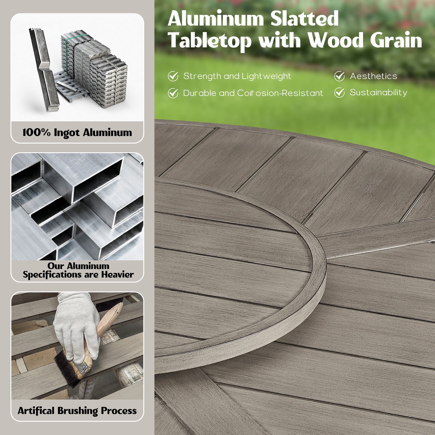 PEAKHOME Azur Patio Aluminum Round 60" Dining Table With Removable Lazy Susan for 6 Person