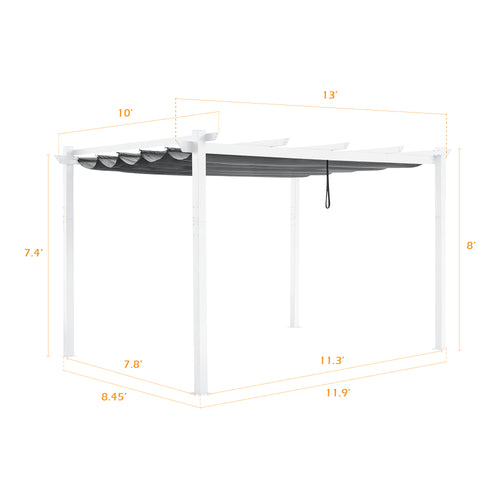 10Ft x 13Ft Patio Aluminum Retractable Pergola with UV-Proof Canopy, White