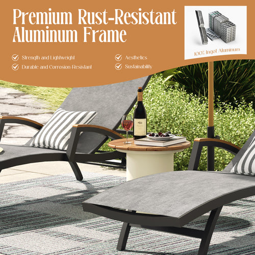 PEAKHOME-Chambray Patio Aluminum Armrest Chaise Lounge Set With Phifertex® Sling Fabric And Round Side Table