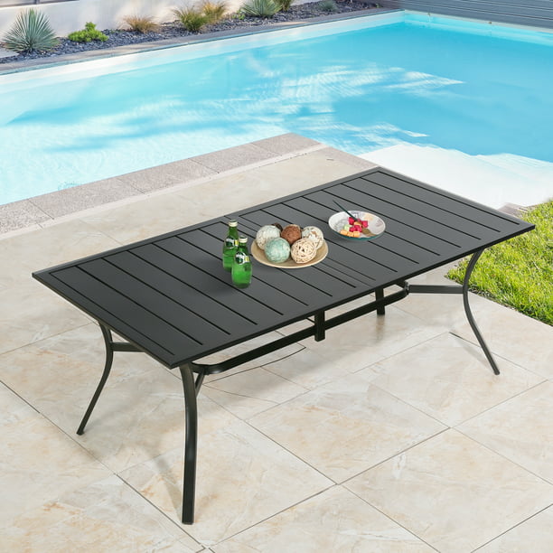 Outdoor Patio Rectangular Metal Slatted Dining Table with Umbrella Hole for 6 Person