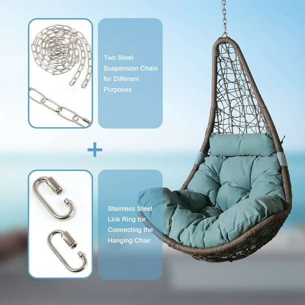 Outdoor Hanging Chair, Patio Wicker Hanging Basket Chair Swing with Steel Suspension Chain(Blue)