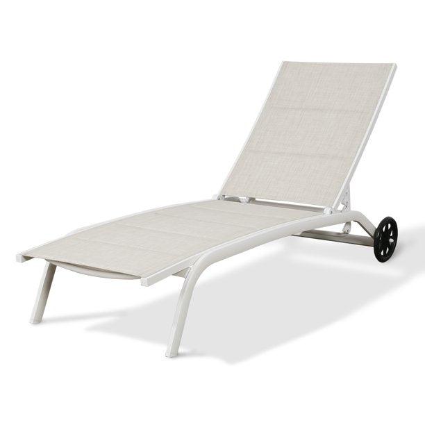 1 Piece Outdoor Patio Aluminum Adjustable Textilene Sling Reclining Chaise Lounge Chair Padded with Quick Dry Foam (Beige)
