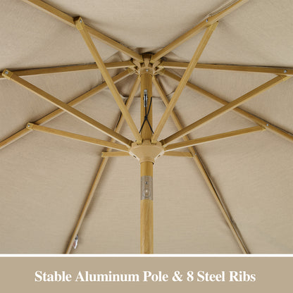 PATIO TREE Patio Umbrella Manual Tilt With Natural Wood Grain Frame (Sunbrella® Heather Beige)