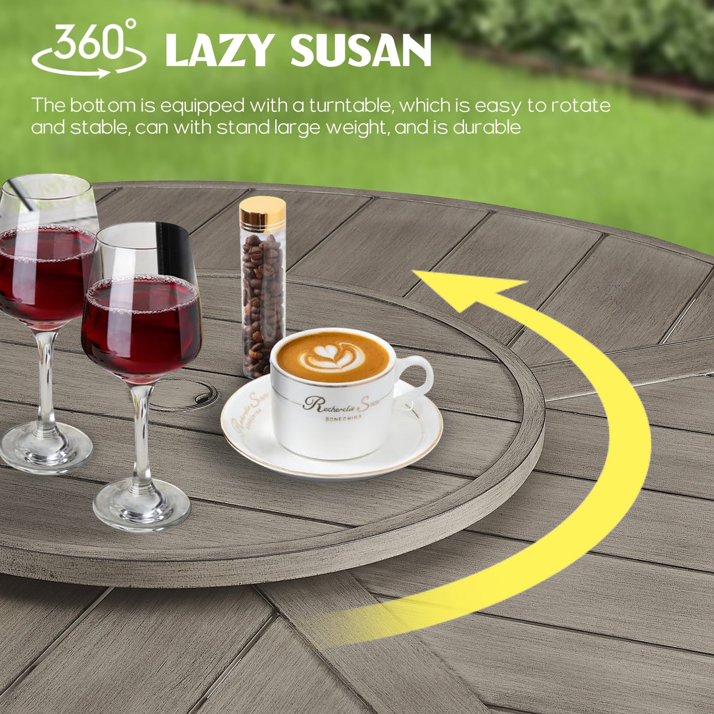 PEAKHOME Azur Patio Aluminum Round 60" Dining Table With Removable Lazy Susan for 6 Person