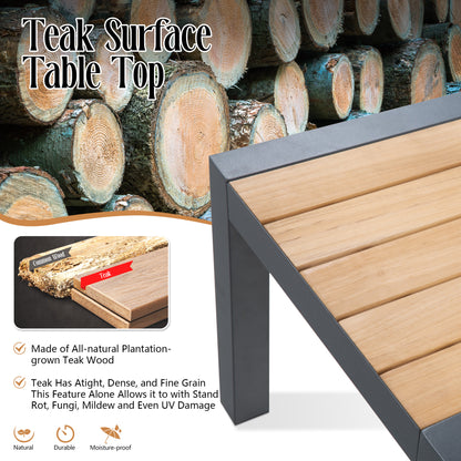 Patio Rectangular Aluminum Side Table With Teak Wood Tabletop