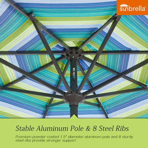 PATIO TREE 9Ft Round Cabana Stripe Market Umbrella with Sunbrella® Fabric (Seville Seaside)