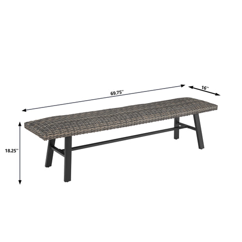 Pavane 70” Outdoor Bench All-weather Wicker Patio Garden Bench, Mix Gray