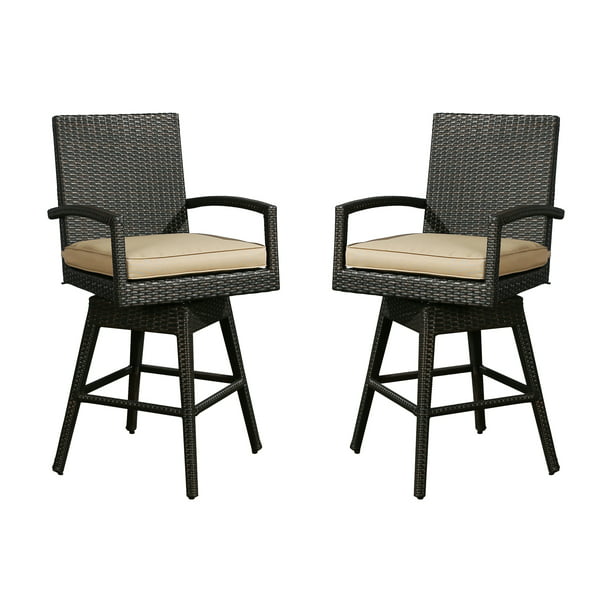 2 Pieces Outdoor Wicker Bar Stools Patio All-Weather Rattan Swivel Dining Chairs with Cushion, Brown