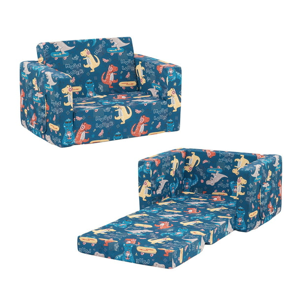 Convertible Kids Chair 2-in-1 Flip Open Kids Couch/Sleeper (Blue Dinosaur)