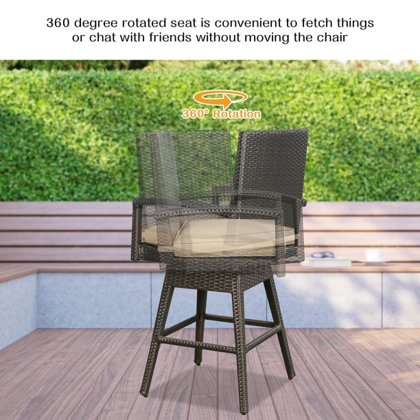 1 Piece Outdoor Wicker Bar Stools Patio All-Weather Rattan Swivel Dining Chairs with Cushion, Brown