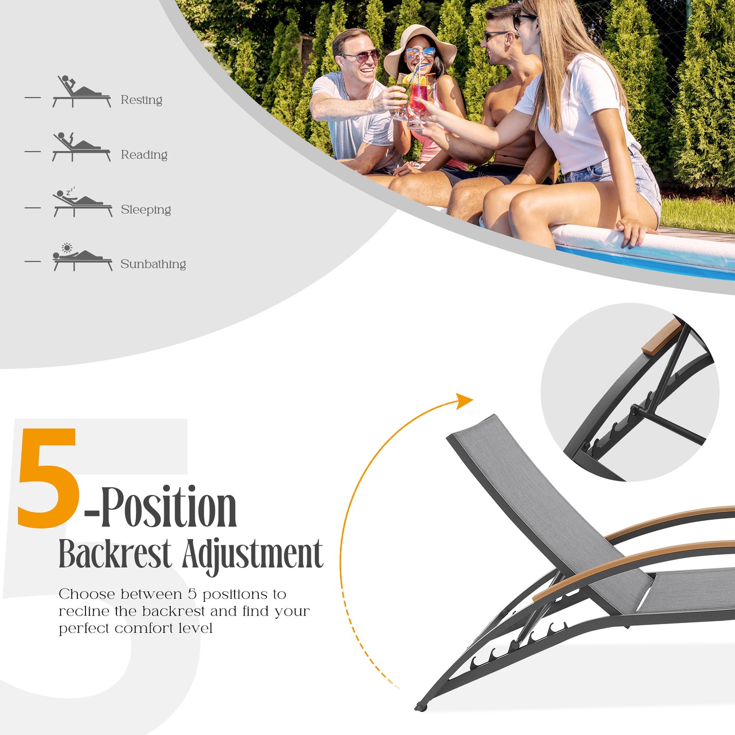 Twinpal Aluminum Chaise Lounge Set With Ottomans, Phifertex® Sling Fabric And Teak Top Side Table