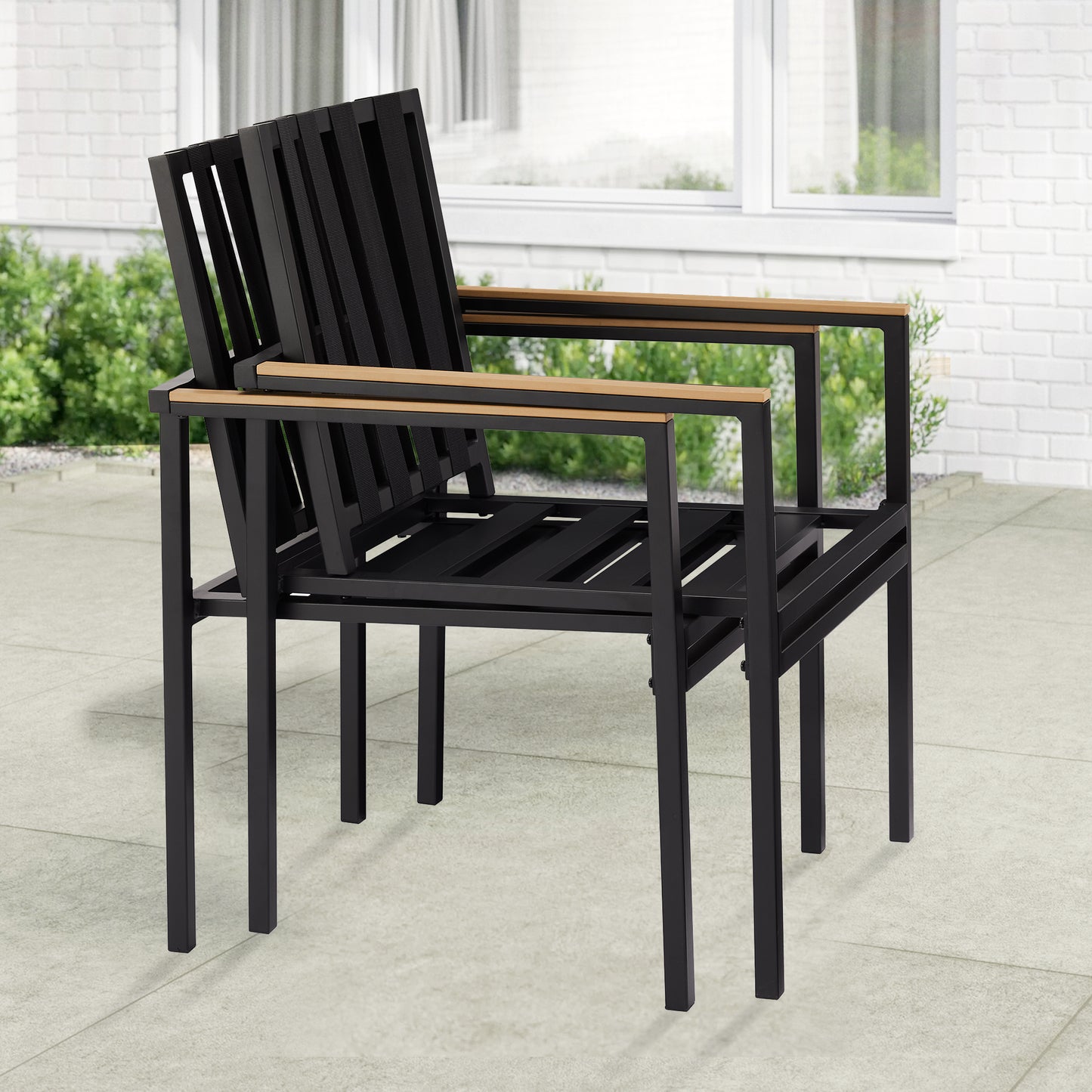 7 Piece Rectangular Patio Dining Set with 6 Stacking Dining Chairs and 1 Rectangular Aluminum Table Suitable for 6 People, Black