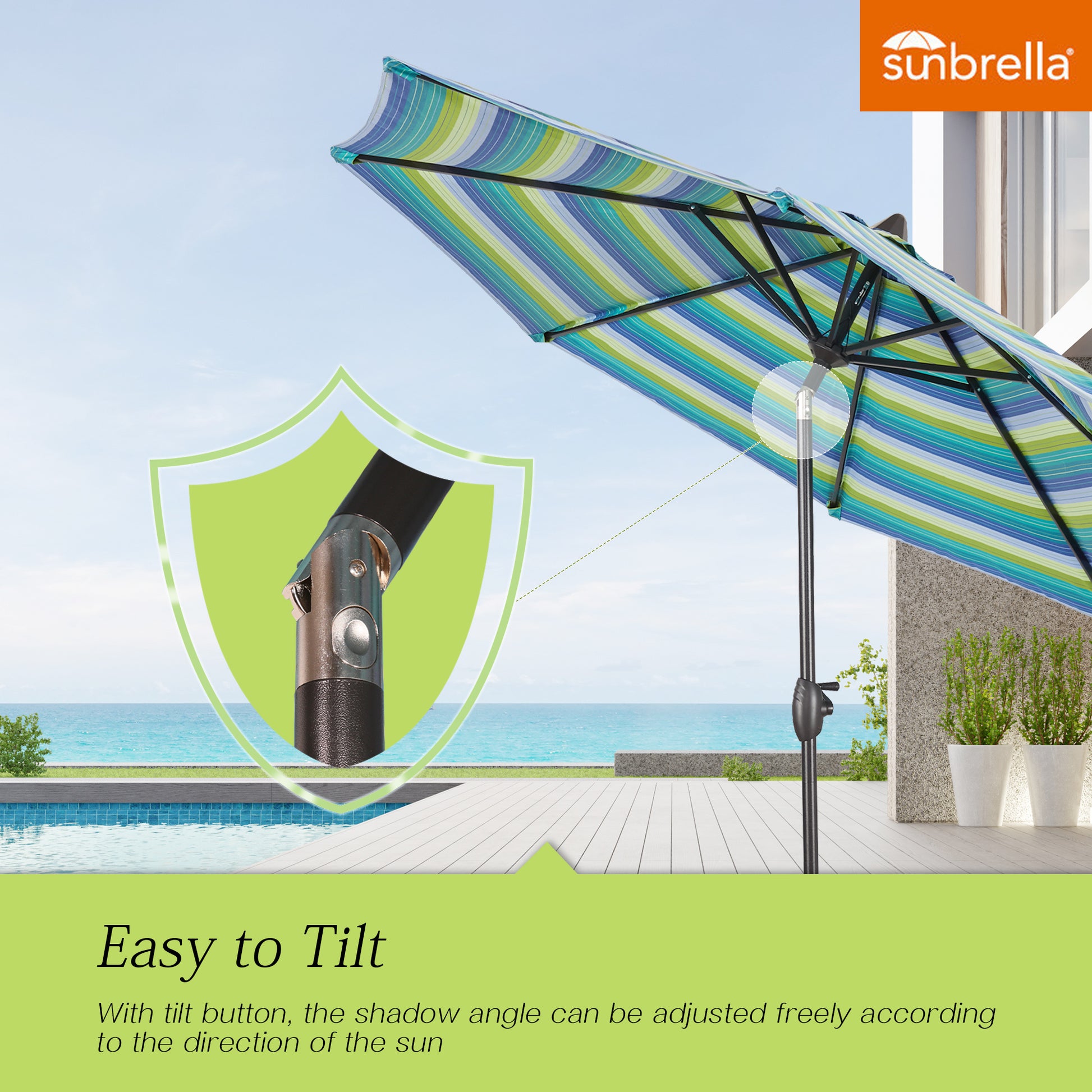 9 foot round hardwood patio umbrella in stripe 9 ft PATIO TREE 9Ft Round Cabana Stripe Market Umbrella with Sunbrella Fabric (Seville Seaside)