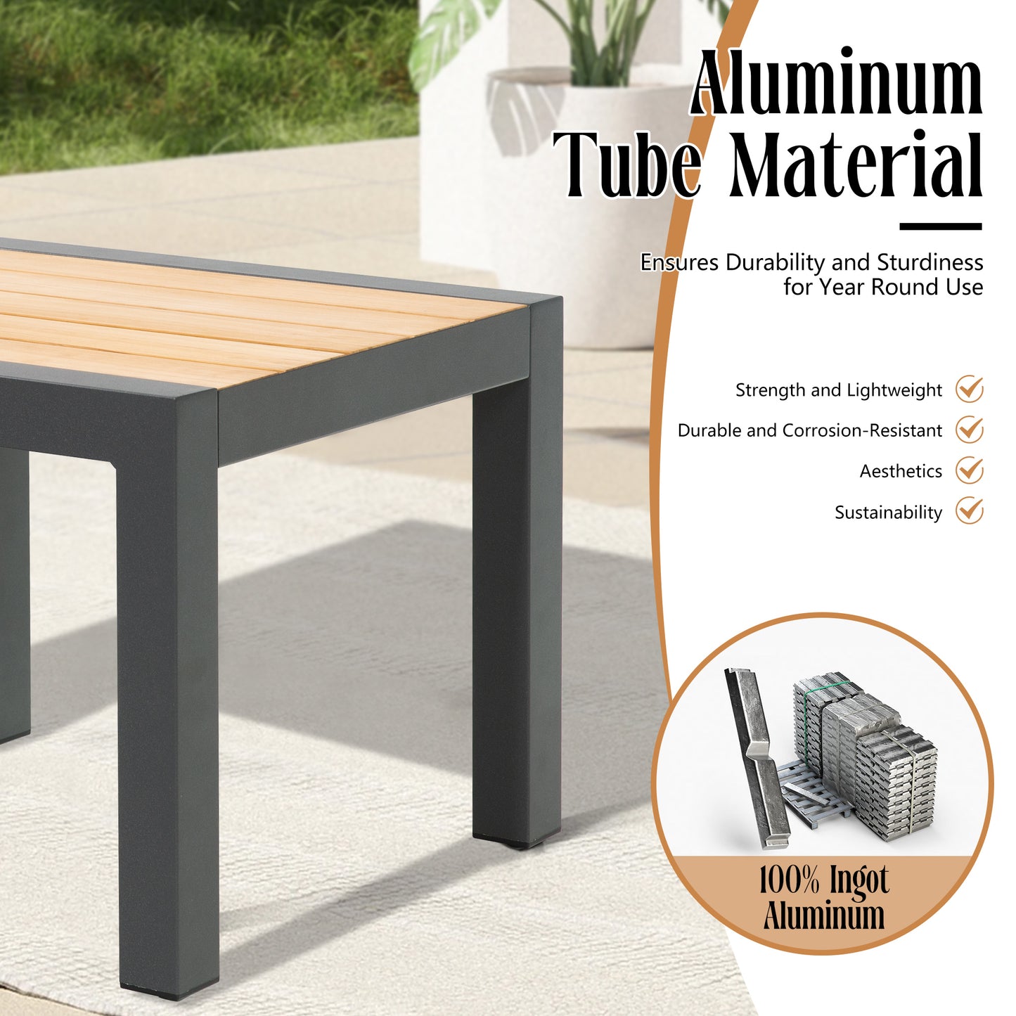 Patio Rectangular Aluminum Side Table With Teak Wood Tabletop
