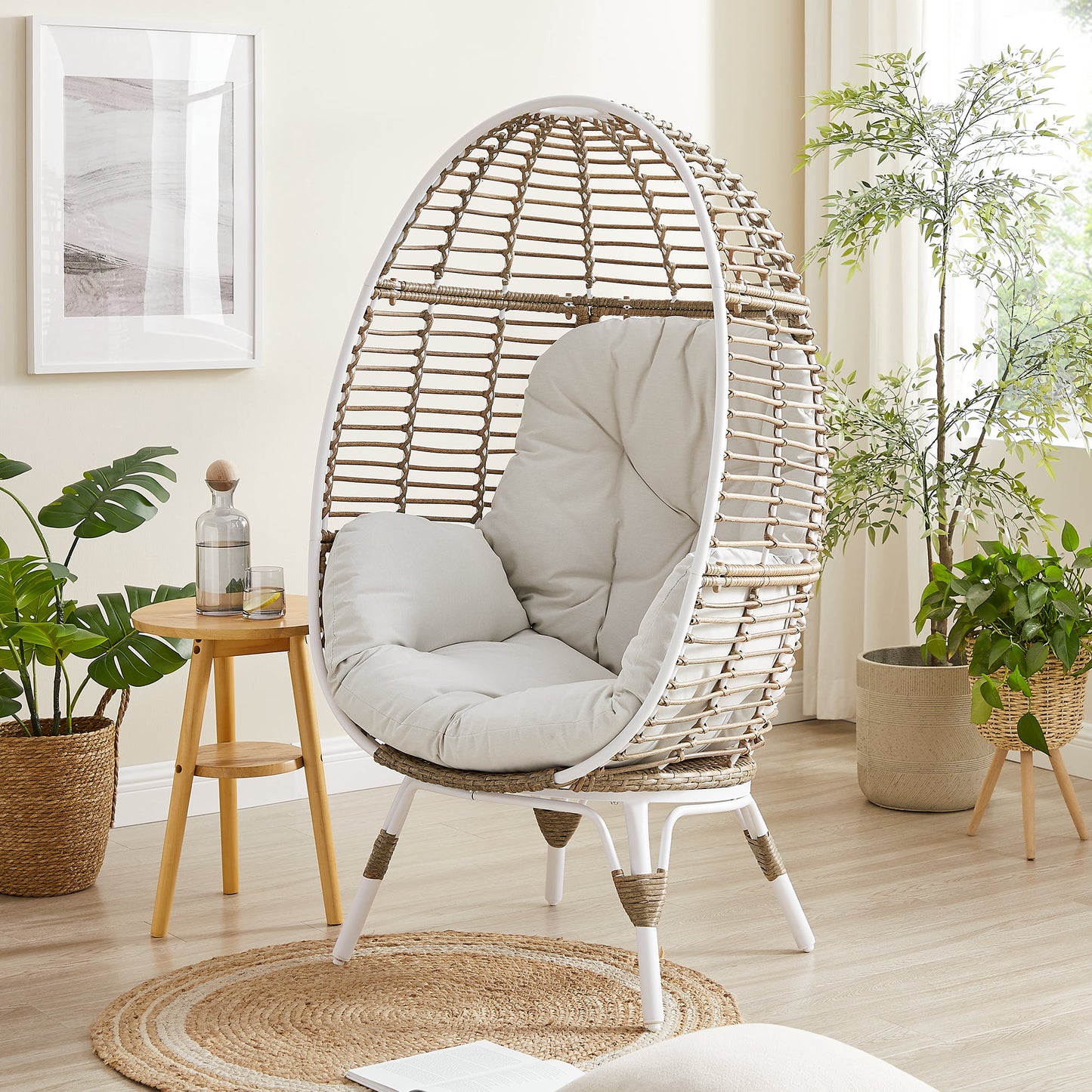 Outdoor Patio Wicker Egg Chair Indoor All-Weather Rattan Lounger Chair with Cushion for Patio, Backyard, Living Room, White