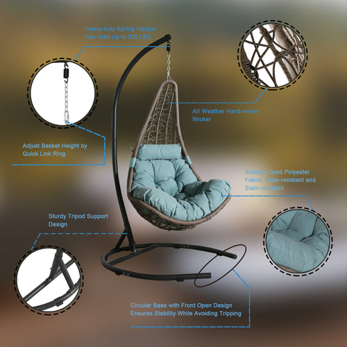 Outdoor/Indoor Wicker Hanging Basket Swing Chair Hammock Tear Drop Chair with Stand