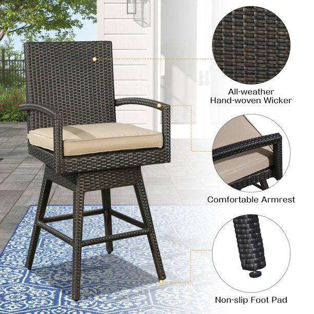 1 Piece Outdoor Wicker Bar Stools Patio All-Weather Rattan Swivel Dining Chairs with Cushion, Brown