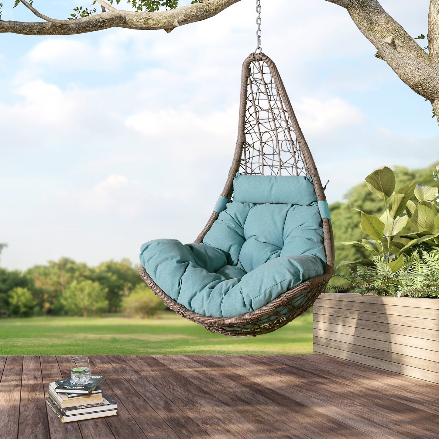 Outdoor Hanging Chair, Patio Wicker Hanging Basket Chair Swing with Steel Suspension Chain(Blue)