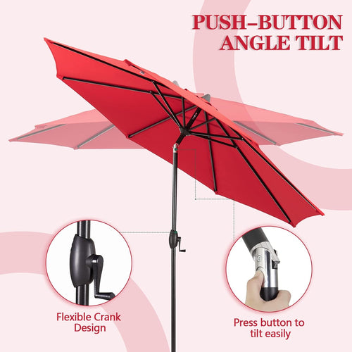 9 Ft Outdoor Tiltable Round Market Sunbrella Umbrella with Aluminum Pole and Crank, Jockey Red(Stand Not Included)