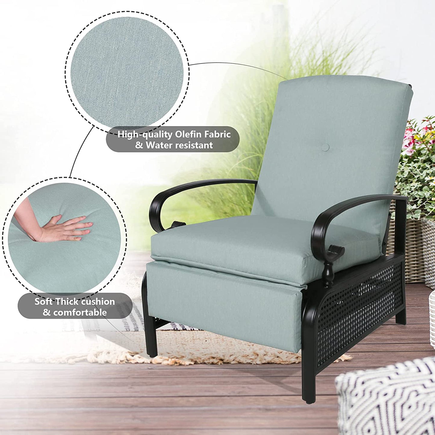 Outdoor Recliner Chair Adjustable Patio Reclining Lounge Chair with 100% Olefin Cushion (Mist)