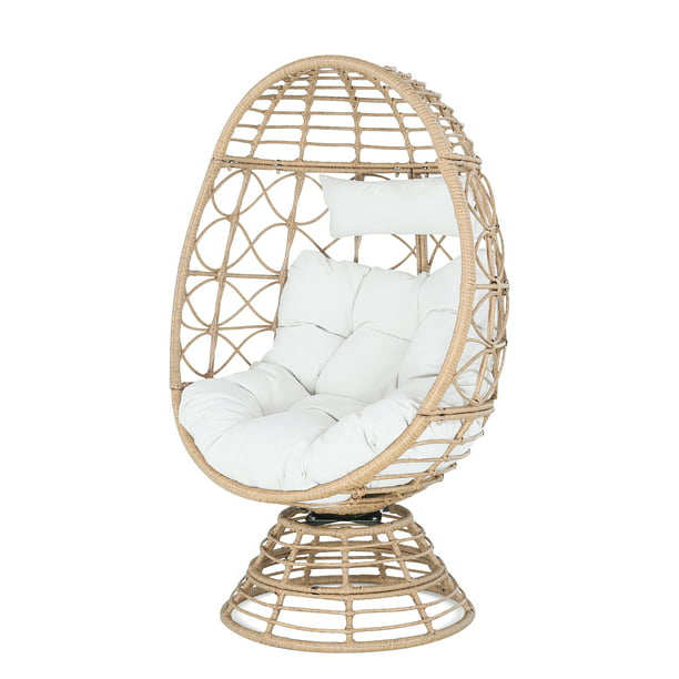 Outdoor All-weather Rattan Swivel Egg Chair Indoor Wicker Lounger with Cushions for Patio, Backyard, Living Room, Off-White