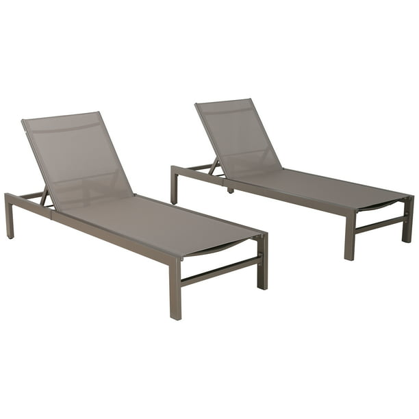 2 Pieces Outdoor Aluminum Chaise Lounge Chairs Patio Sling Sun Lounger Set Recliner with Wheels (Taupe)