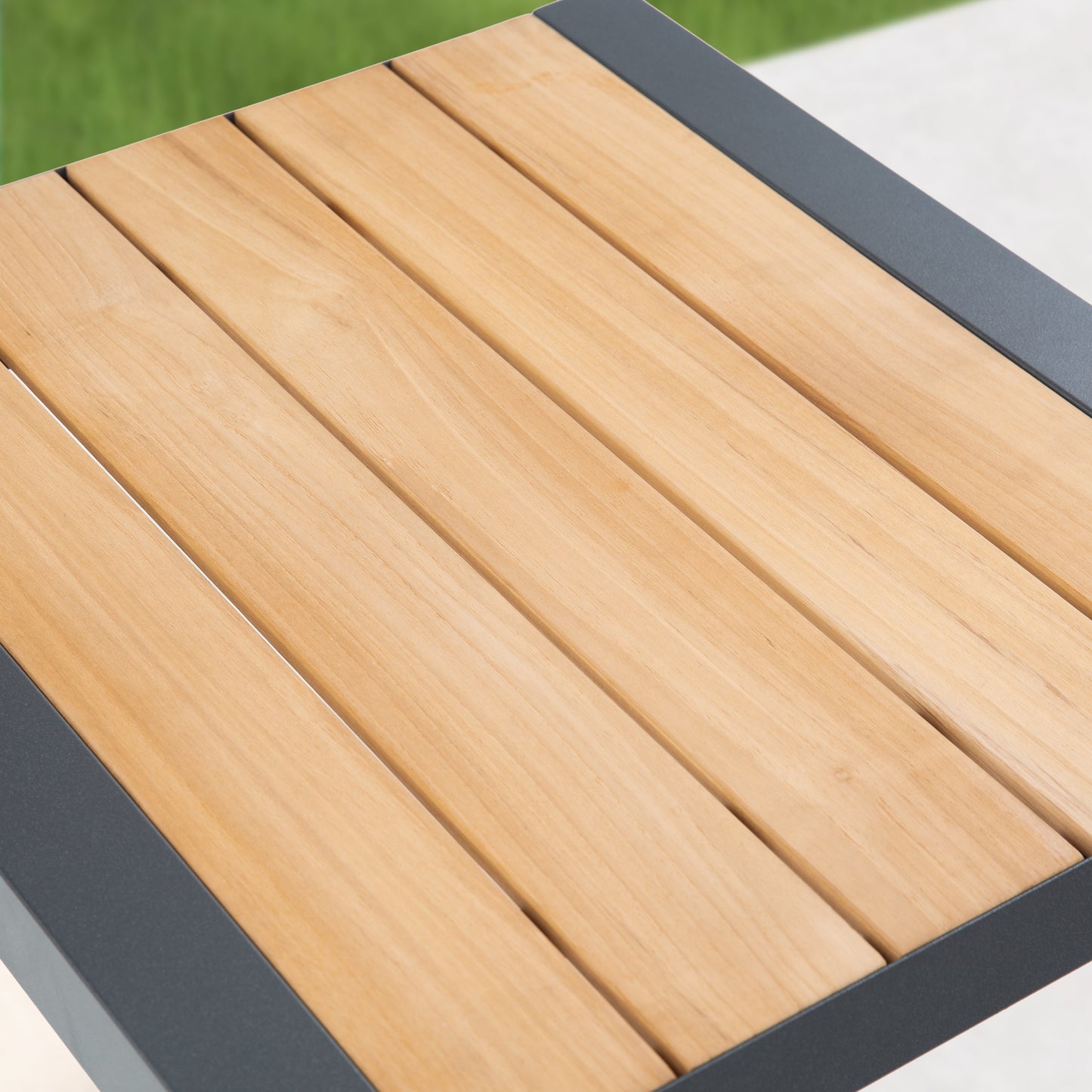 Patio Rectangular Aluminum Side Table With Teak Wood Tabletop