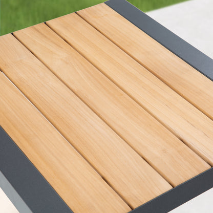 Patio Rectangular Aluminum Side Table With Teak Wood Tabletop